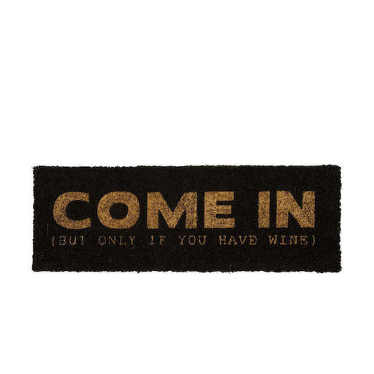 Dørmåtte - sort og guld - "Come in (But only if you have wine)"