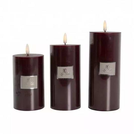 La Vida - LED bloklys m. statisk flamme- mørk rød - H 12, 5 x Ø 7,4 cm