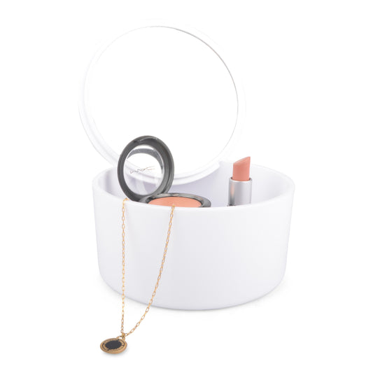 Rund kosmetikæske m. spejl - 13, 5 x 7 cm