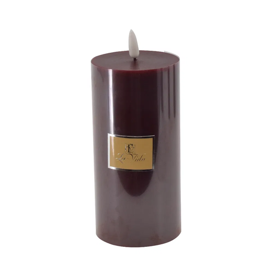 LED bloklys m. statisk flamme- mørk rød - H 15 cm D 7,4 cm