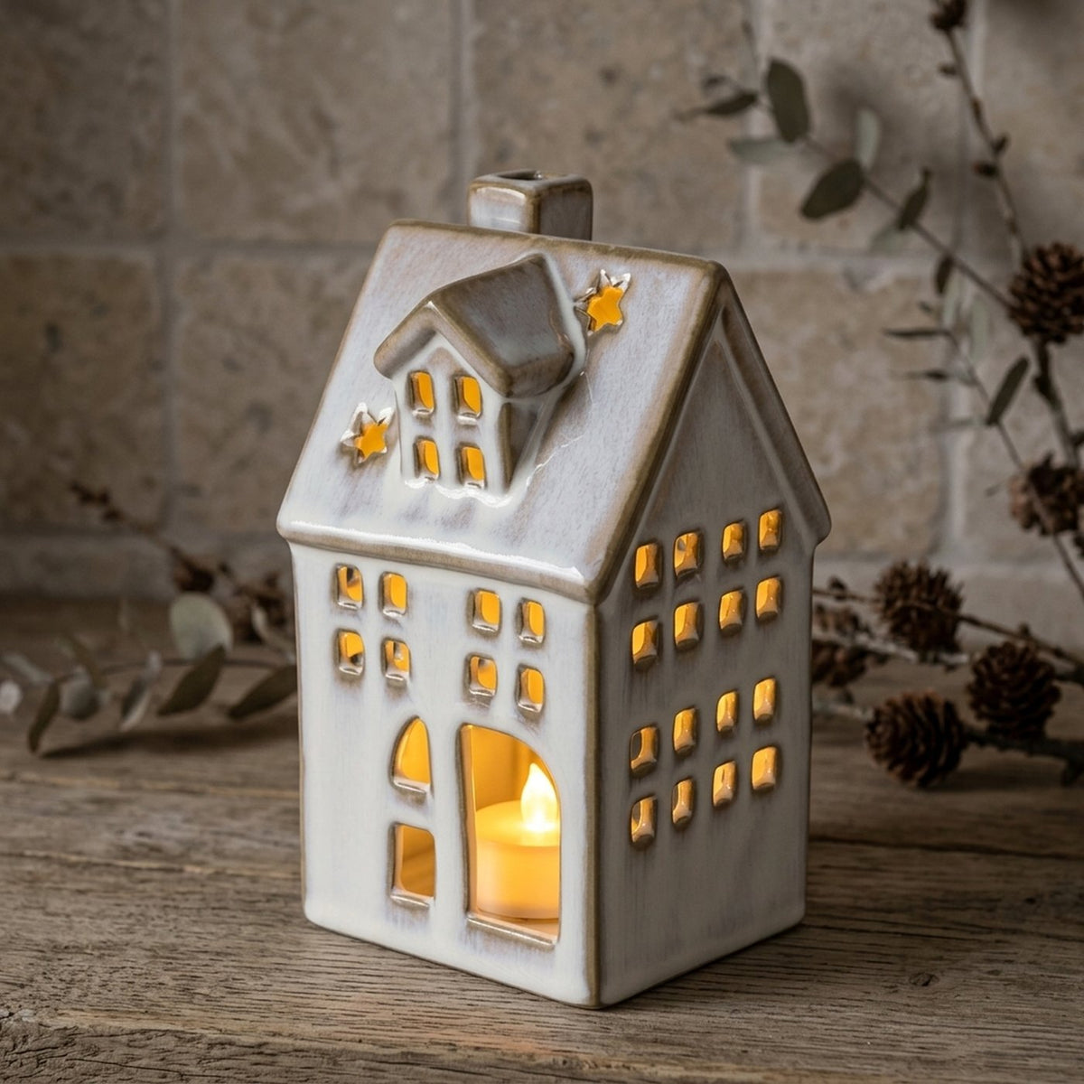Pyntefigur m. LED-lys - Hus - 13, 6 x 6,8 cm