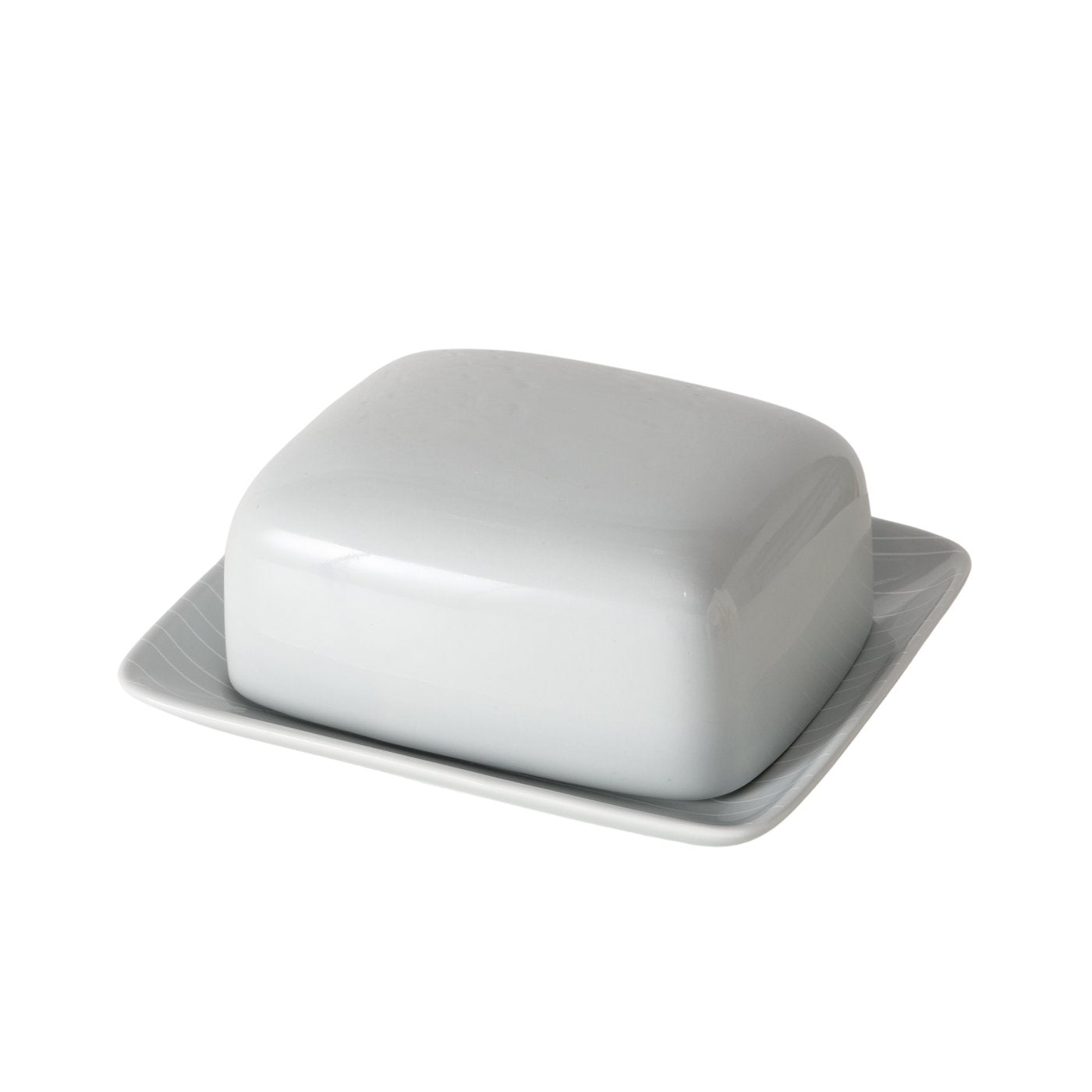 Smørboks -  lysegrå porcelæn m. hvide striber - 14 x 17 x 7 cm