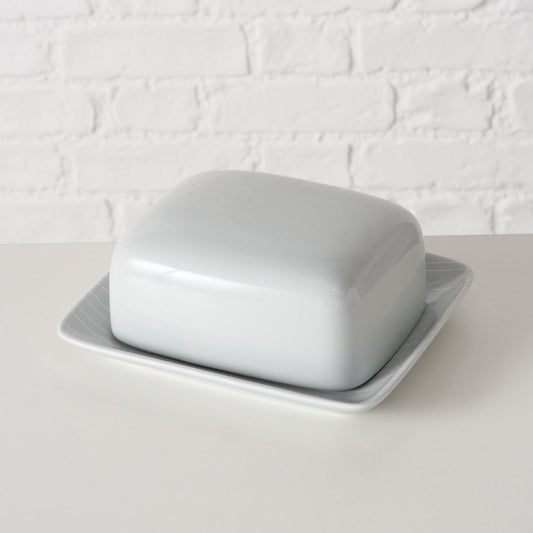 Smørboks -  lysegrå porcelæn m. hvide striber - 14 x 17 x 7 cm