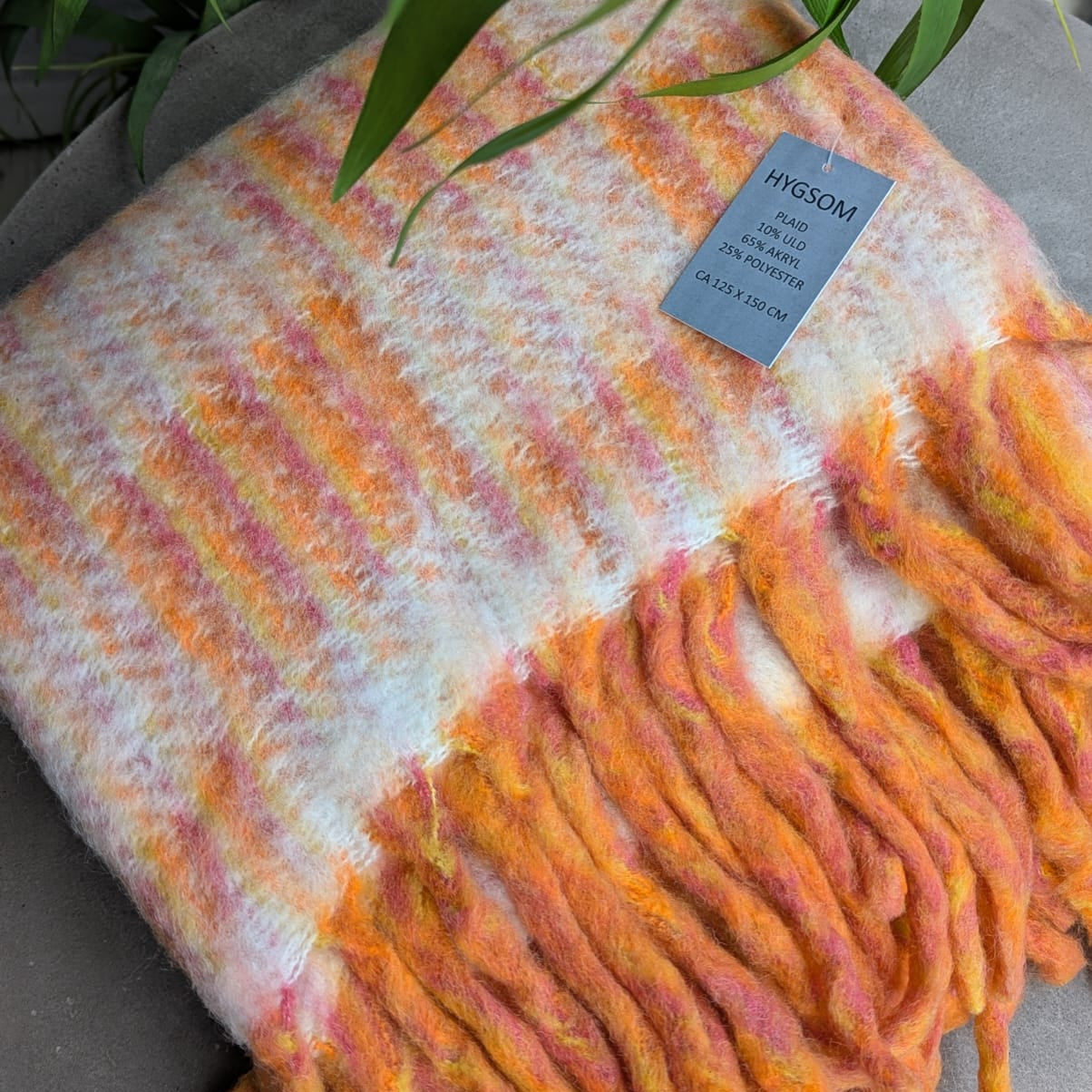 Plaid - Uld Mix - Orange / Pudderrosa ternet