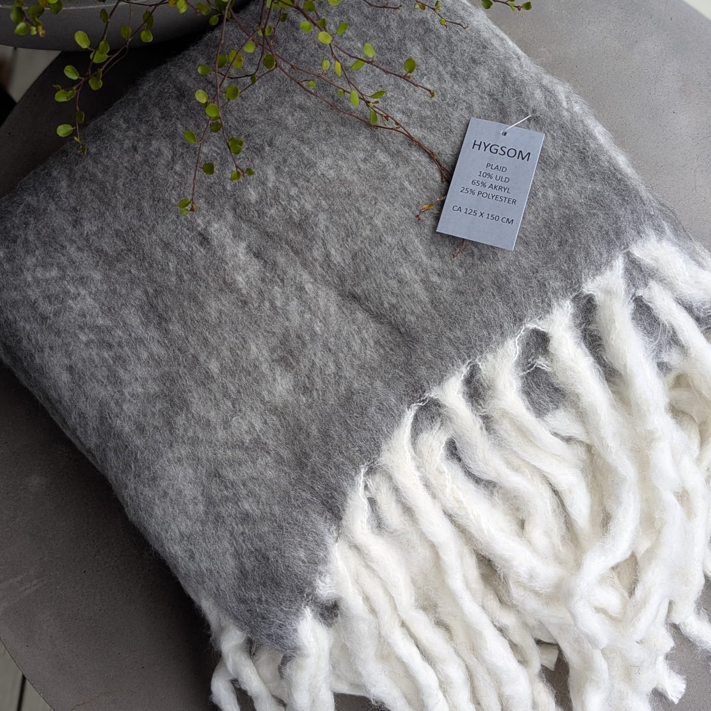 plaid - uld - grå med hvide frynser